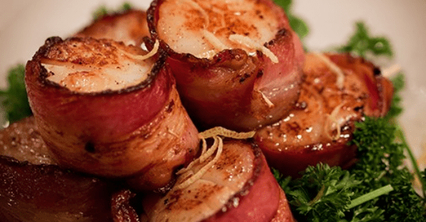 Sizzling, Bacon-Wrapped Digby Scallops With Chipotle Mango Sauce