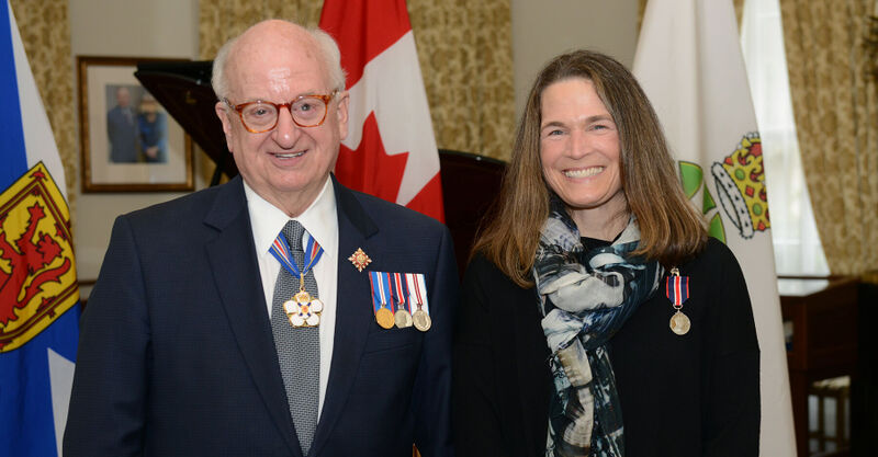 The Honourable Arthur J. LeBlanc, ONS, KC with Gina Haverstock, Head Winemaker of Jost, Gaspereau and Mercator Vineyards